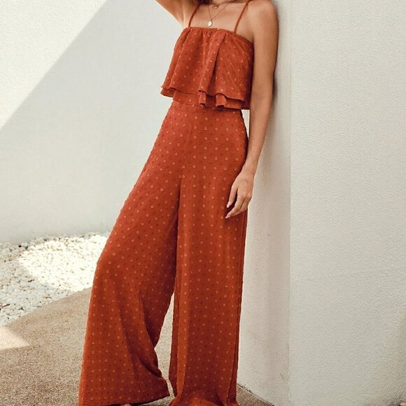 Tops - Burnt Orange Casual Women's Swiss Dot Cami Top & Wide Leg Pants